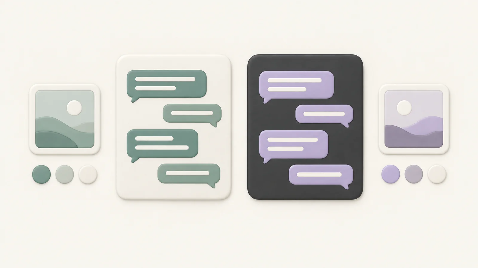 Illustration of light and dark chat themes with distinct accent colors, message bubbles, and background choices
