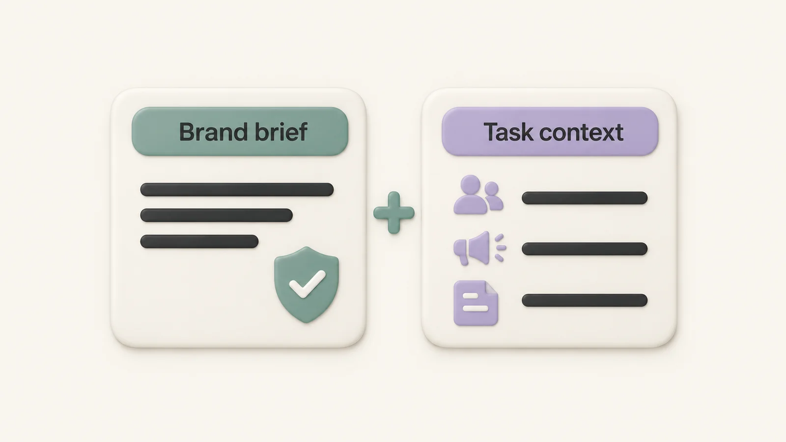 Two ceramic panels labeled Brand brief and Task context, separated by a plus sign, distinguish stable voice rules from changing job inputs.