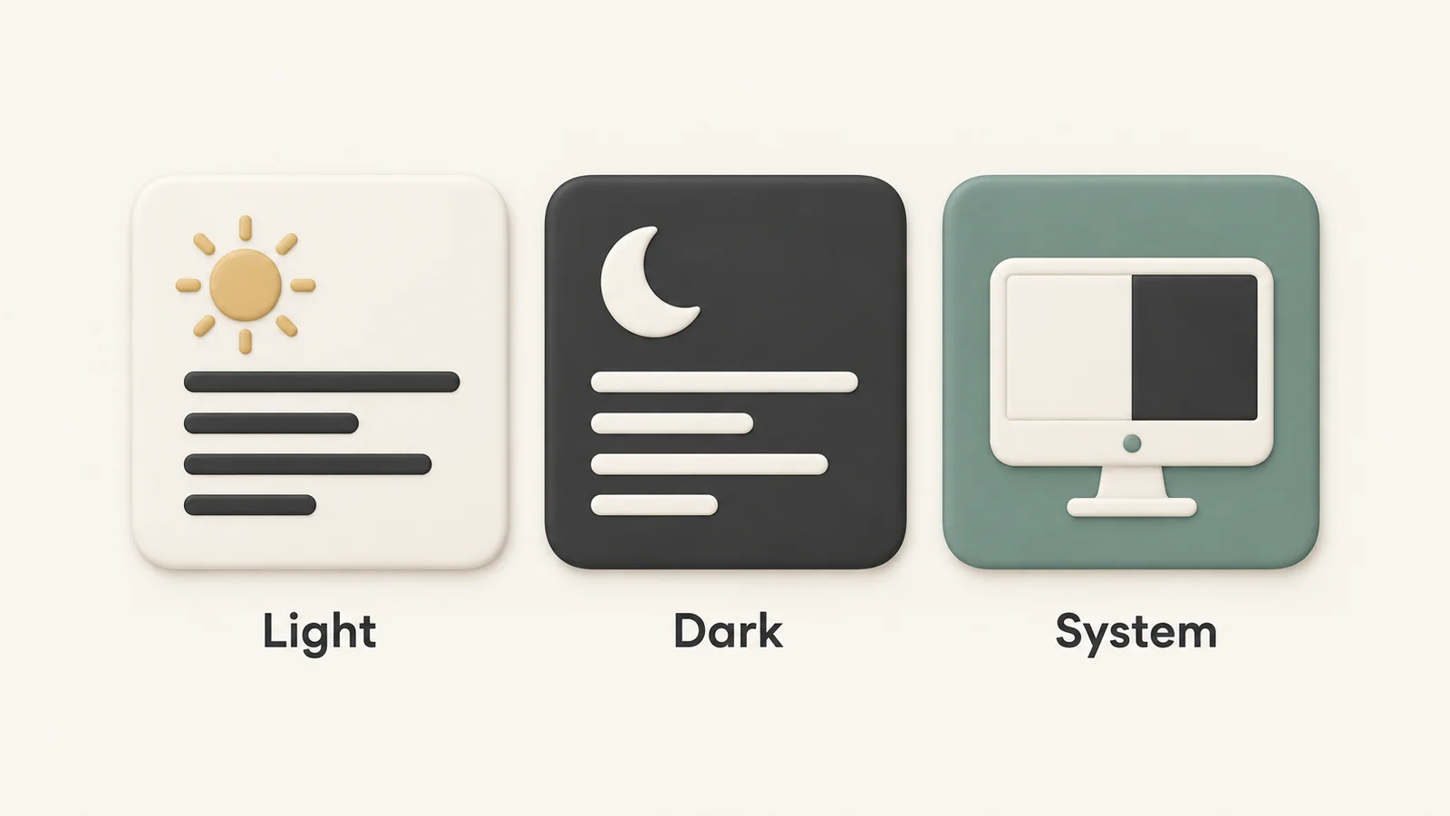 Three ceramic tiles labeled Light, Dark, and System, showing a sun over light chat lines, a moon over dark chat lines, and a monitor with a split light and dark screen.
