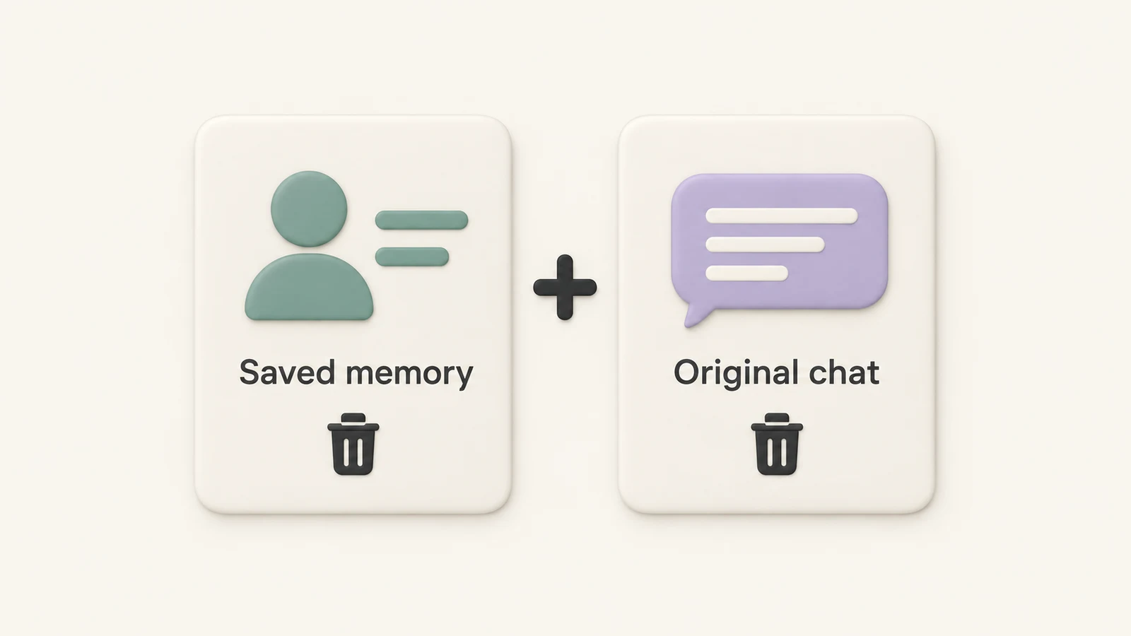 Two distinct ceramic panels labeled Saved memory and Original chat, each with its own trash icon, showing that both sources need separate review when removing a saved fact.