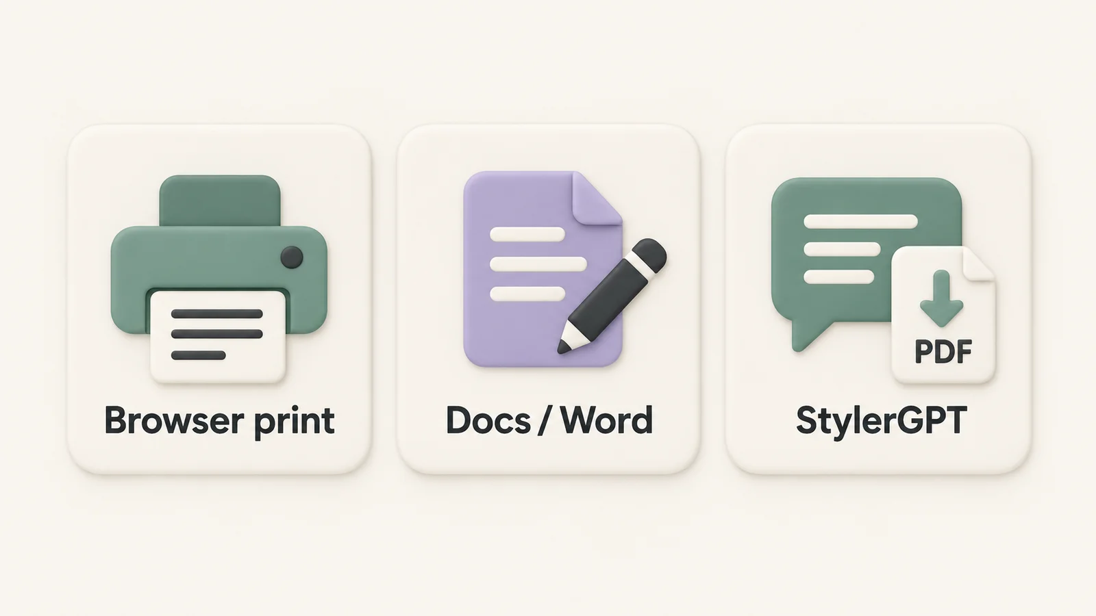 Three ceramic tiles compare browser printing with a printer, Docs or Word with a document and pencil, and StylerGPT with a chat bubble and PDF export symbol.