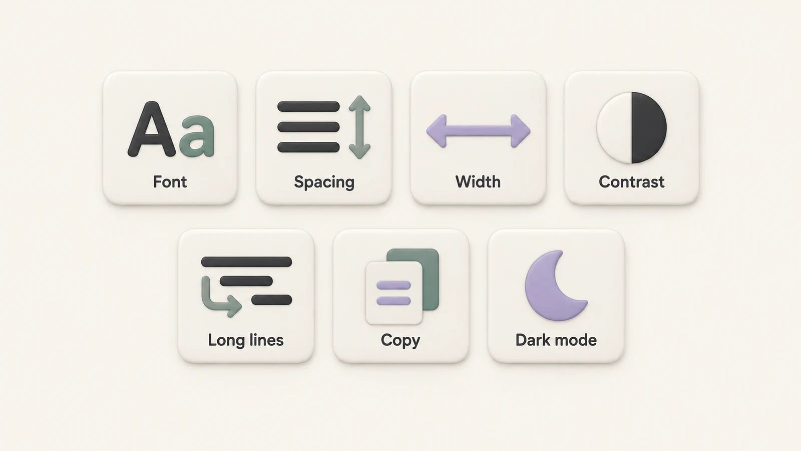Seven code readability controls: font, spacing, width, contrast, long lines, copy, and dark mode.