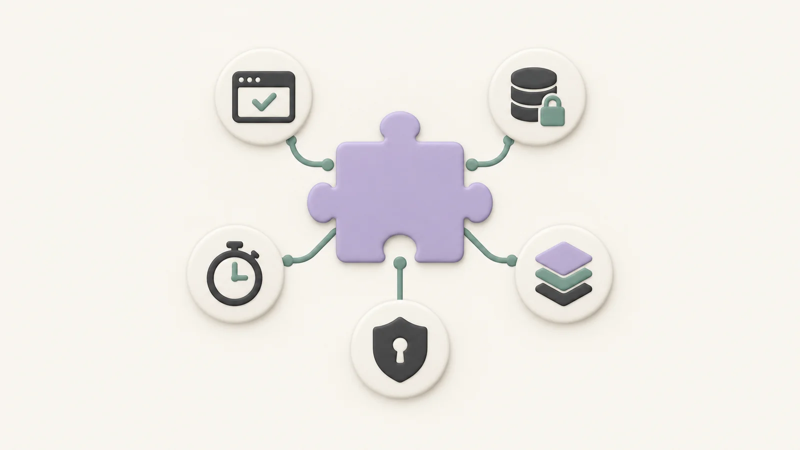 Five illustrated criteria surrounding a browser extension: compatibility, local data handling, feature depth, permissions, and onboarding time.
