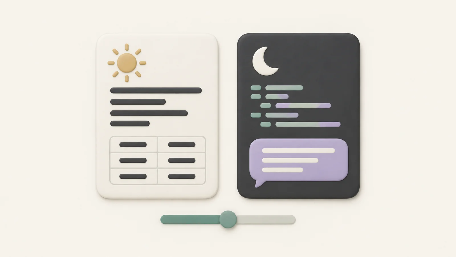 Conceptual comparison of a light reading panel with a table and a dark coding panel with chat bubbles, above shared brightness and color controls.