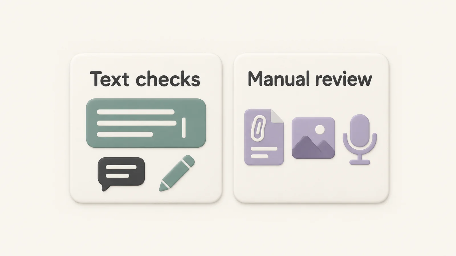 Two ceramic panels contrast text checks, illustrated by a composer and editing icons, with manual review of files, images, and voice.