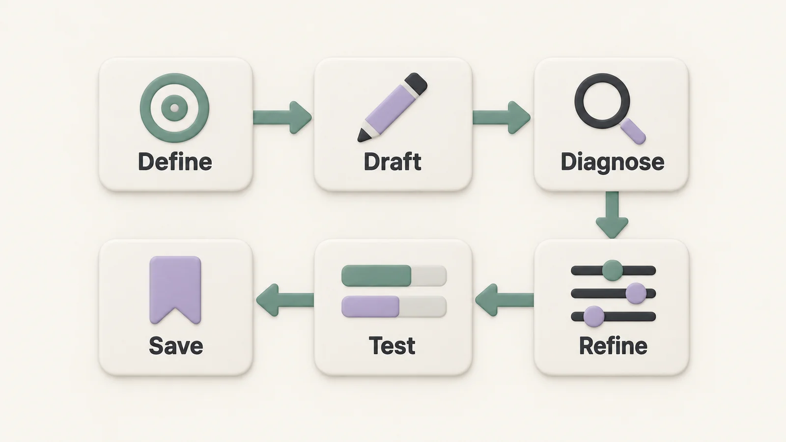 Six stages of prompt refinement connected in order: Define, Draft, Diagnose, Refine, Test, and Save.