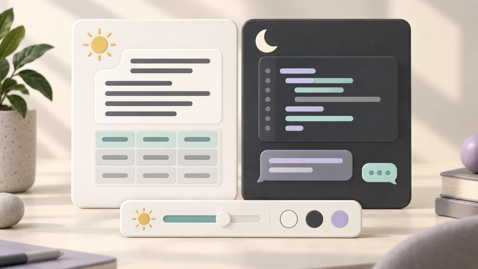 Conceptual comparison of a light reading panel with a table and a dark coding panel with chat bubbles, above shared brightness and color controls.